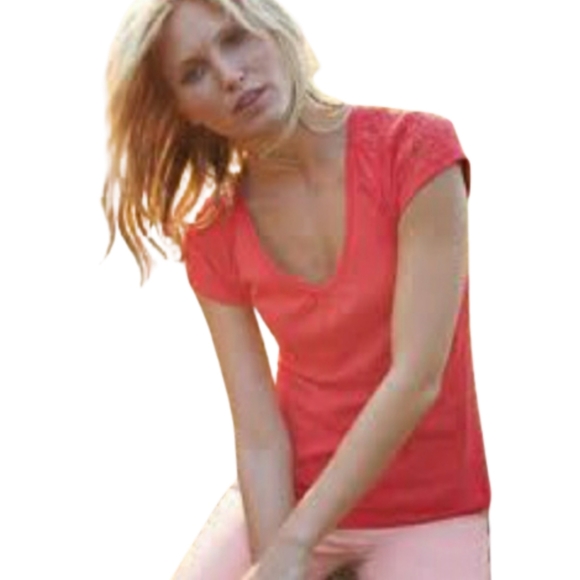 xx BODEN Crochet Lace Shoulder Coral Red Tee Sz 6 - Picture 2 of 7